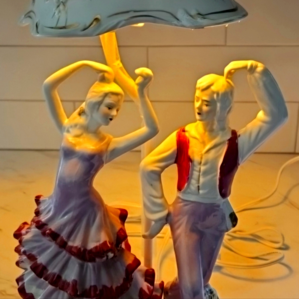 Vintage 1970's Porcelain Table  Lamp.Colonial Couple. Shade is Also Porcelain.